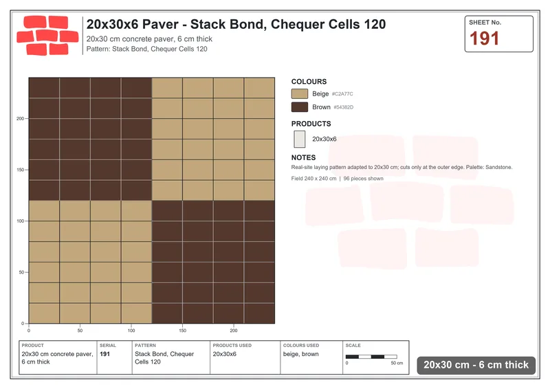 Interlock (Pasco) 20x30 cm · RC23-191 · Stack Bond, Chequer Cells 120 · Laying plan Interlock (Pasco) 20x30 cm · RC23-191 · Stack Bond, Chequer Cells 120 · Laying plan