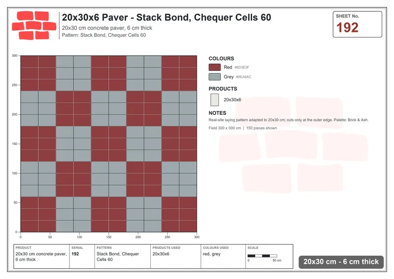 Interlock (Pasco) 20x30 cm · RC23-192 · Stack Bond, Chequer Cells 60 · Laying plan Interlock (Pasco) 20x30 cm · RC23-192 · Stack Bond, Chequer Cells 60 · Laying plan