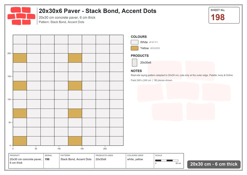 Interlock (Pasco) 20x30 cm · RC23-198 · Stack Bond, Accent Dots · Laying plan Interlock (Pasco) 20x30 cm · RC23-198 · Stack Bond, Accent Dots · Laying plan
