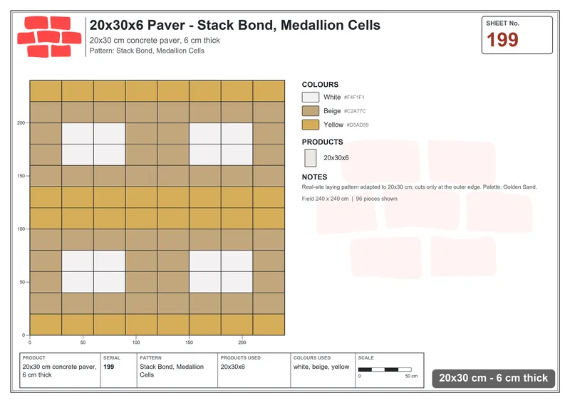 Interlock (Pasco) 20x30 cm · RC23-199 · Stack Bond, Medallion Cells · Laying plan Interlock (Pasco) 20x30 cm · RC23-199 · Stack Bond, Medallion Cells · Laying plan