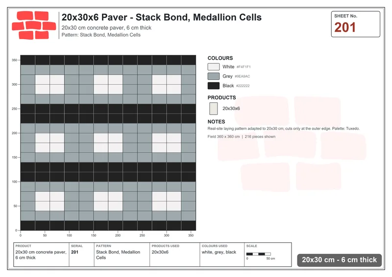 Interlock (Pasco) 20x30 cm · RC23-201 · Stack Bond, Medallion Cells · Laying plan Interlock (Pasco) 20x30 cm · RC23-201 · Stack Bond, Medallion Cells · Laying plan