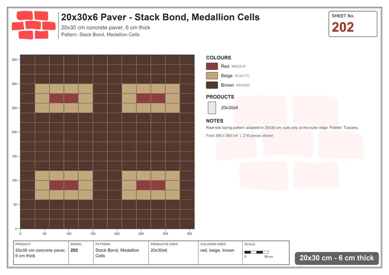 Interlock (Pasco) 20x30 cm · RC23-202 · Stack Bond, Medallion Cells · Laying plan Interlock (Pasco) 20x30 cm · RC23-202 · Stack Bond, Medallion Cells · Laying plan
