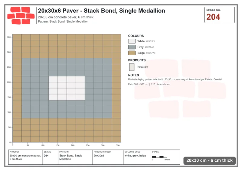 Interlock (Pasco) 20x30 cm · RC23-204 · Stack Bond, Single Medallion · Laying plan Interlock (Pasco) 20x30 cm · RC23-204 · Stack Bond, Single Medallion · Laying plan