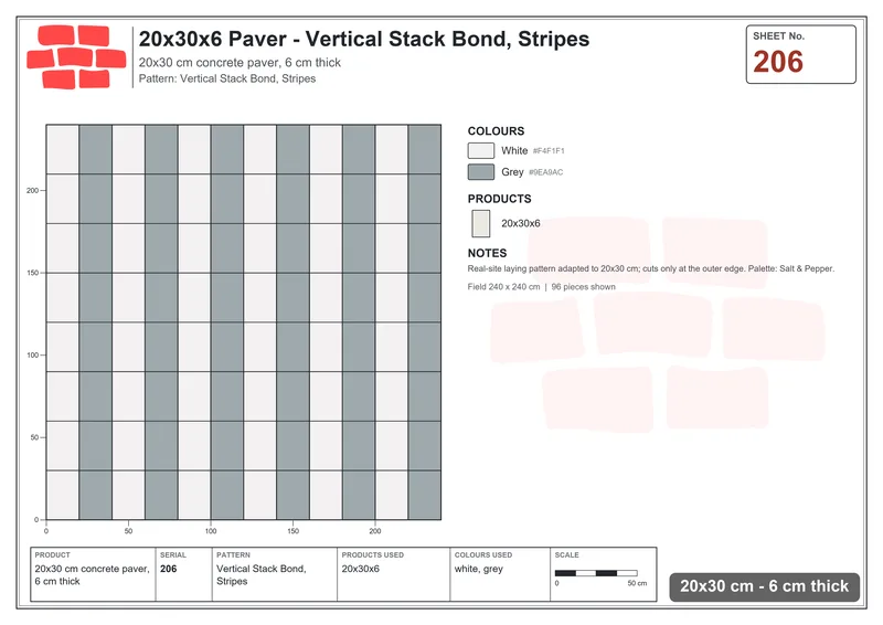 Interlock (Pasco) 20x30 cm · RC23-206 · Vertical Stack Bond, Stripes · Laying plan Interlock (Pasco) 20x30 cm · RC23-206 · Vertical Stack Bond, Stripes · Laying plan