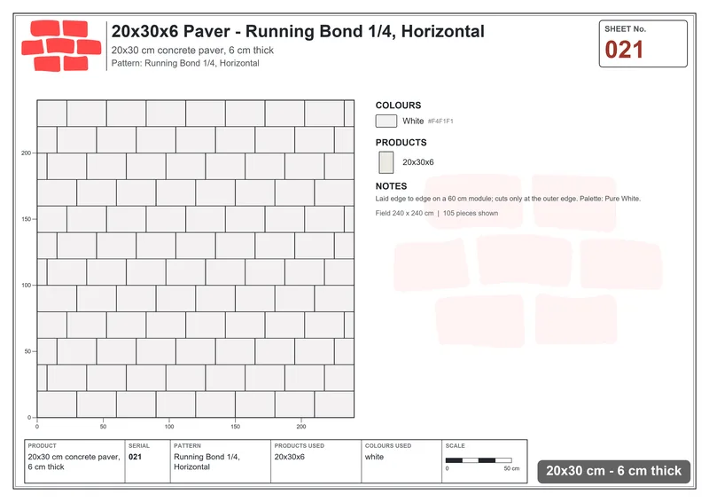 Interlock (Pasco) 20x30 cm · RC23-21 · Running Bond 1/4, Horizontal · Laying plan Interlock (Pasco) 20x30 cm · RC23-21 · Running Bond 1/4, Horizontal · Laying plan