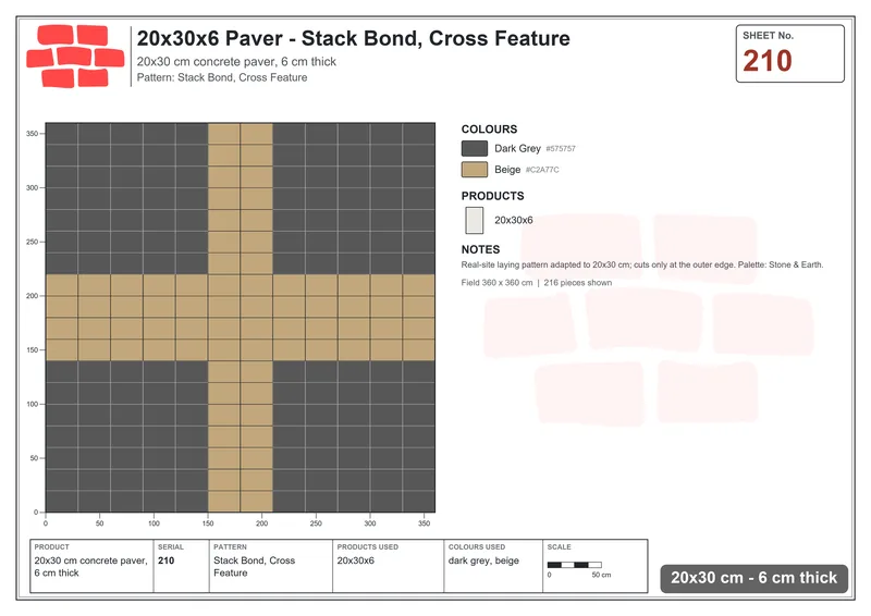 Interlock (Pasco) 20x30 cm · RC23-210 · Stack Bond, Cross Feature · Laying plan Interlock (Pasco) 20x30 cm · RC23-210 · Stack Bond, Cross Feature · Laying plan