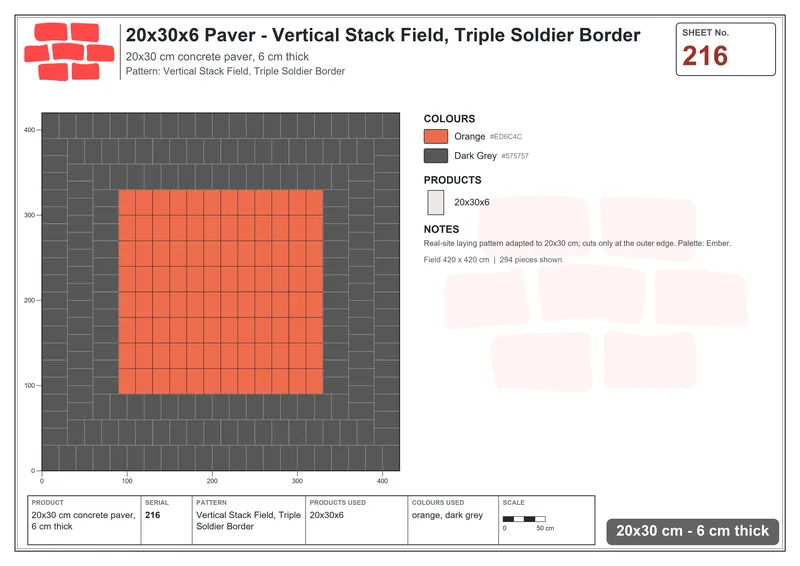 Interlock (Pasco) 20x30 cm · RC23-216 · Vertical Stack Field, Triple Soldier Border · Laying plan Interlock (Pasco) 20x30 cm · RC23-216 · Vertical Stack Field, Triple Soldier Border · Laying plan