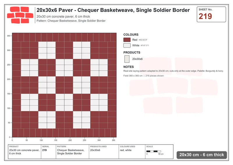 Interlock (Pasco) 20x30 cm · RC23-219 · Chequer Basketweave, Single Soldier Border · Laying plan Interlock (Pasco) 20x30 cm · RC23-219 · Chequer Basketweave, Single Soldier Border · Laying plan