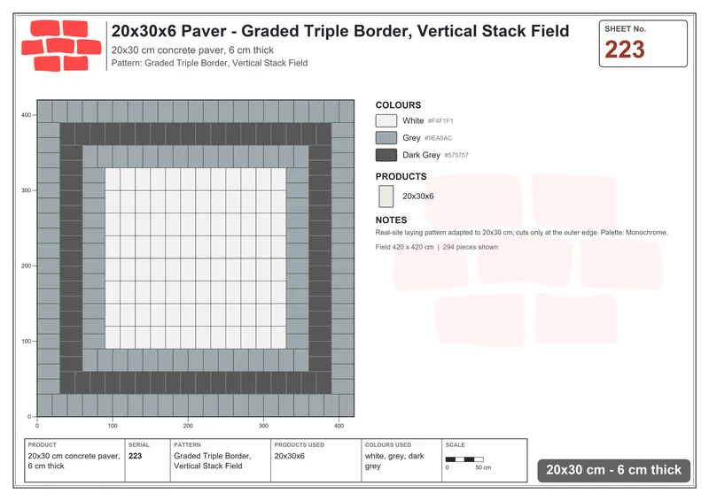 Interlock (Pasco) 20x30 cm · RC23-223 · Graded Triple Border, Vertical Stack Field · Laying plan Interlock (Pasco) 20x30 cm · RC23-223 · Graded Triple Border, Vertical Stack Field · Laying plan