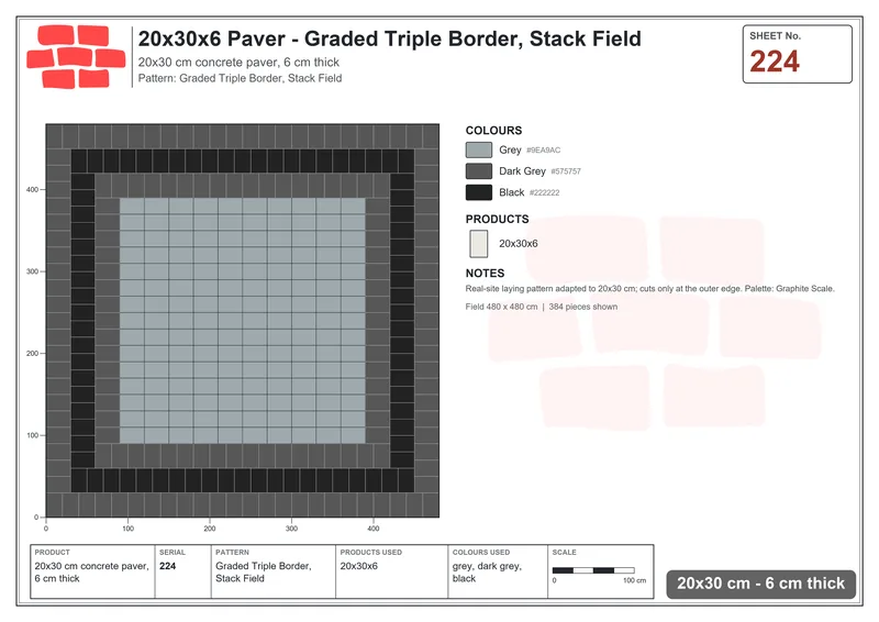 Interlock (Pasco) 20x30 cm · RC23-224 · Graded Triple Border, Stack Field · Laying plan Interlock (Pasco) 20x30 cm · RC23-224 · Graded Triple Border, Stack Field · Laying plan