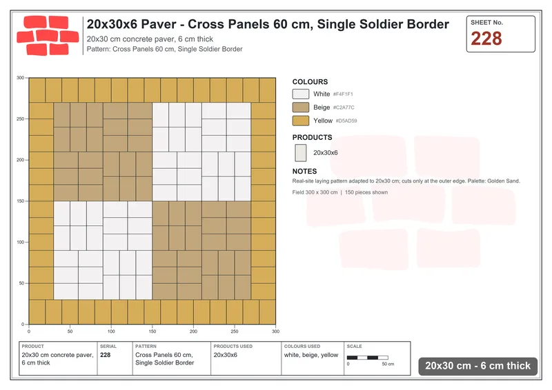 Interlock (Pasco) 20x30 cm · RC23-228 · Cross Panels 60 cm, Single Soldier Border · Laying plan Interlock (Pasco) 20x30 cm · RC23-228 · Cross Panels 60 cm, Single Soldier Border · Laying plan