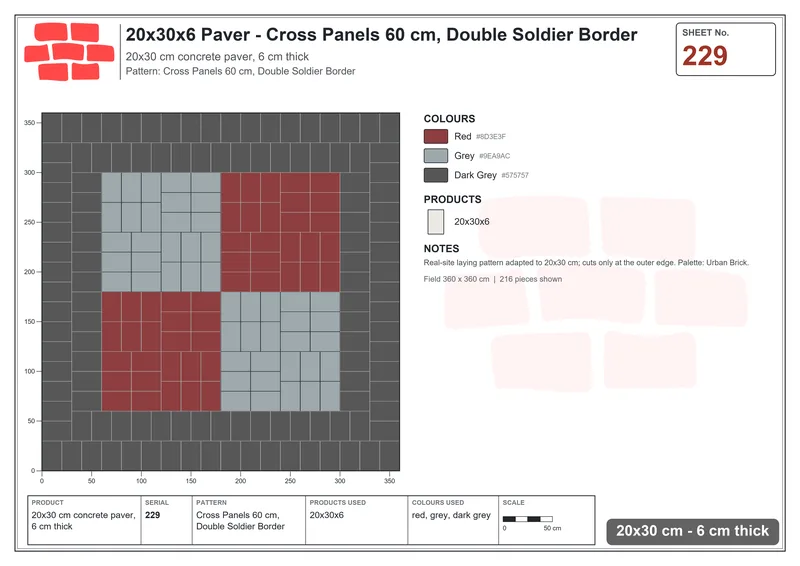 Interlock (Pasco) 20x30 cm · RC23-229 · Cross Panels 60 cm, Double Soldier Border · Laying plan Interlock (Pasco) 20x30 cm · RC23-229 · Cross Panels 60 cm, Double Soldier Border · Laying plan