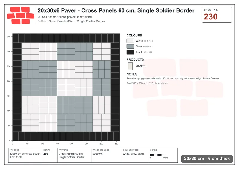 Interlock (Pasco) 20x30 cm · RC23-230 · Cross Panels 60 cm, Single Soldier Border · Laying plan Interlock (Pasco) 20x30 cm · RC23-230 · Cross Panels 60 cm, Single Soldier Border · Laying plan