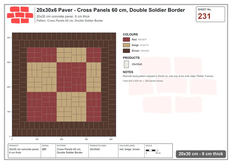 Interlock (Pasco) 20x30 cm · RC23-231 · Cross Panels 60 cm, Double Soldier Border · Laying plan Interlock (Pasco) 20x30 cm · RC23-231 · Cross Panels 60 cm, Double Soldier Border · Laying plan