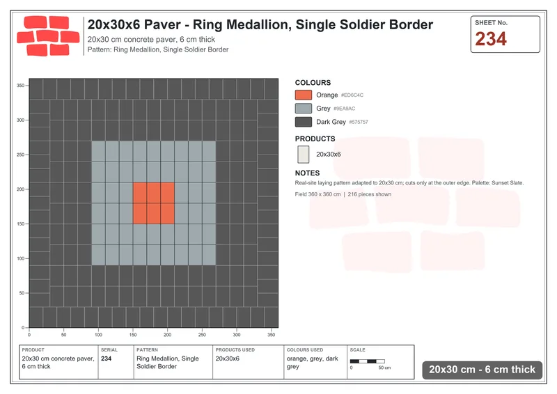 Interlock (Pasco) 20x30 cm · RC23-234 · Ring Medallion, Single Soldier Border · Laying plan Interlock (Pasco) 20x30 cm · RC23-234 · Ring Medallion, Single Soldier Border · Laying plan