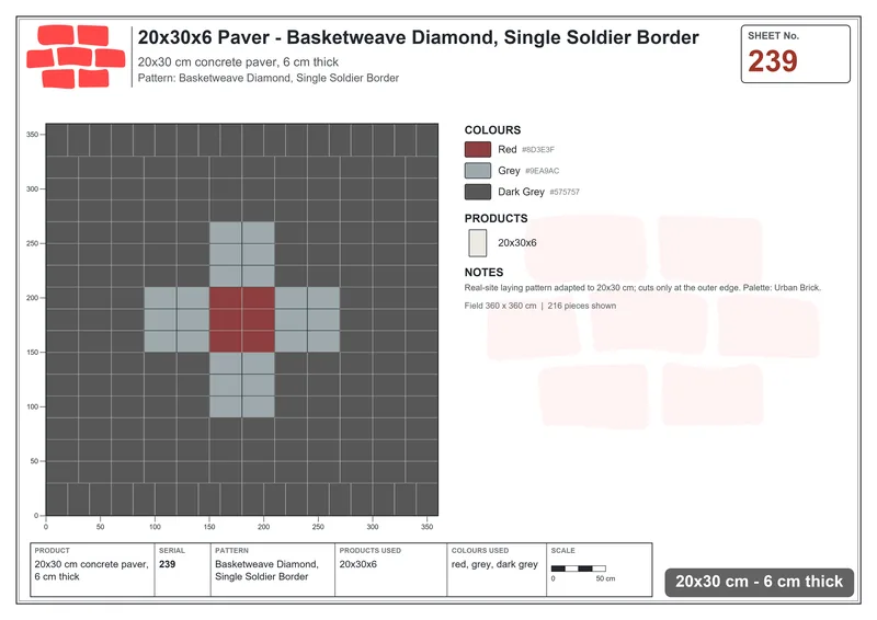 Interlock (Pasco) 20x30 cm · RC23-239 · Basketweave Diamond, Single Soldier Border · Laying plan Interlock (Pasco) 20x30 cm · RC23-239 · Basketweave Diamond, Single Soldier Border · Laying plan