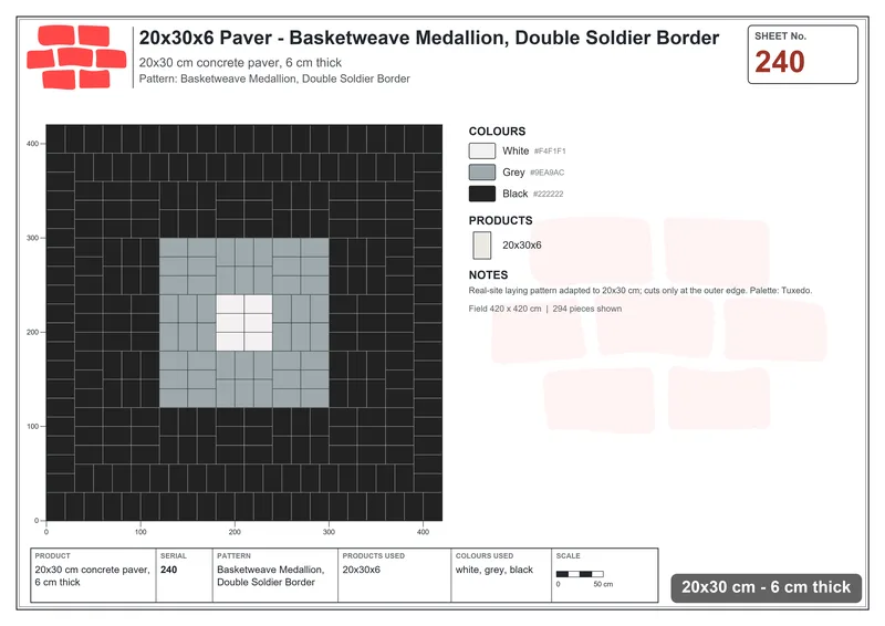 Interlock (Pasco) 20x30 cm · RC23-240 · Basketweave Medallion, Double Soldier Border · Laying plan Interlock (Pasco) 20x30 cm · RC23-240 · Basketweave Medallion, Double Soldier Border · Laying plan