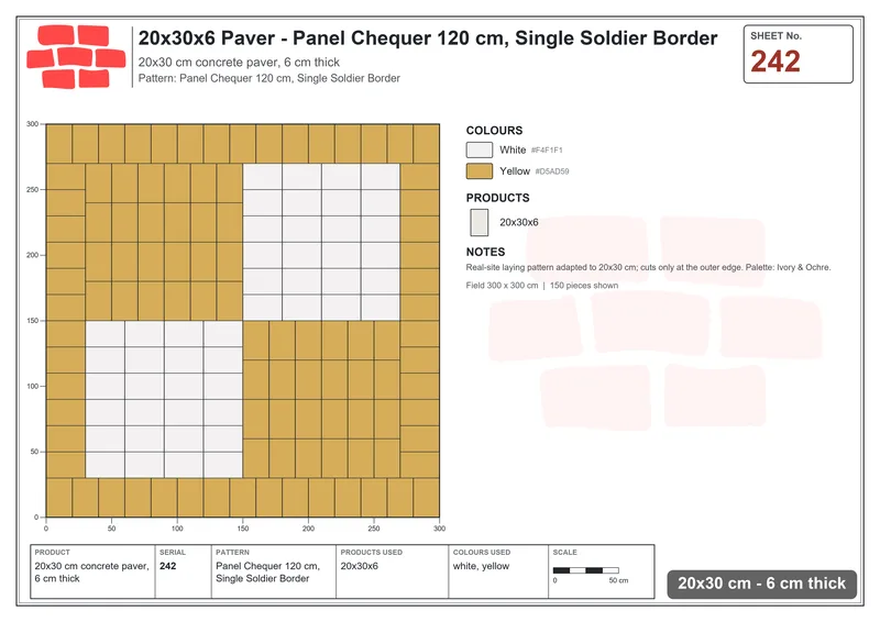 Interlock (Pasco) 20x30 cm · RC23-242 · Panel Chequer 120 cm, Single Soldier Border · Laying plan Interlock (Pasco) 20x30 cm · RC23-242 · Panel Chequer 120 cm, Single Soldier Border · Laying plan