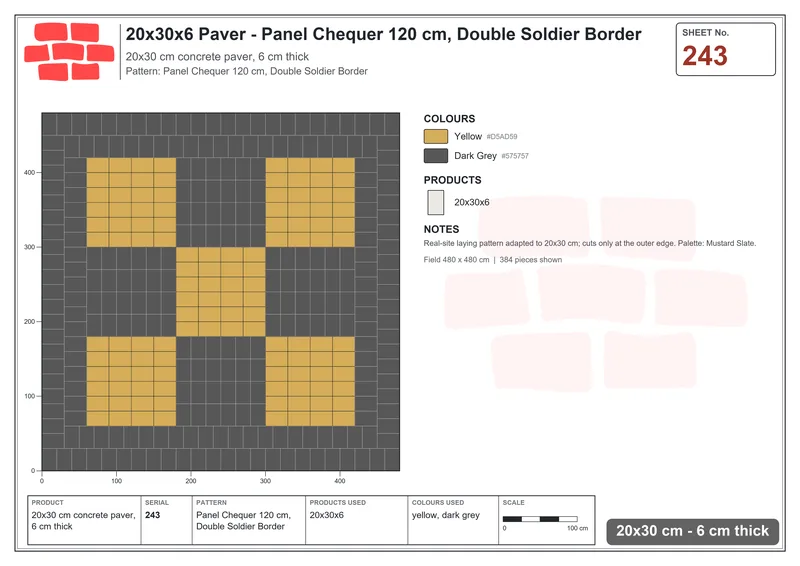Interlock (Pasco) 20x30 cm · RC23-243 · Panel Chequer 120 cm, Double Soldier Border · Laying plan Interlock (Pasco) 20x30 cm · RC23-243 · Panel Chequer 120 cm, Double Soldier Border · Laying plan