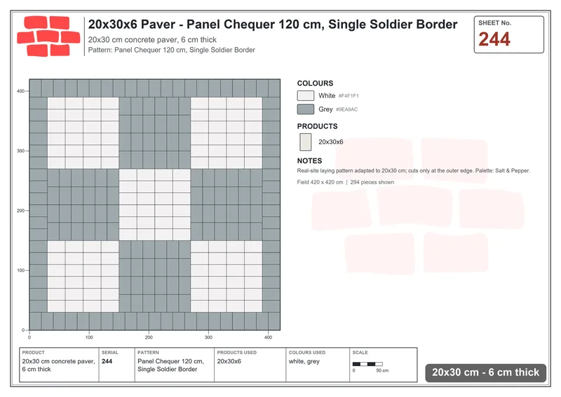 Interlock (Pasco) 20x30 cm · RC23-244 · Panel Chequer 120 cm, Single Soldier Border · Laying plan Interlock (Pasco) 20x30 cm · RC23-244 · Panel Chequer 120 cm, Single Soldier Border · Laying plan