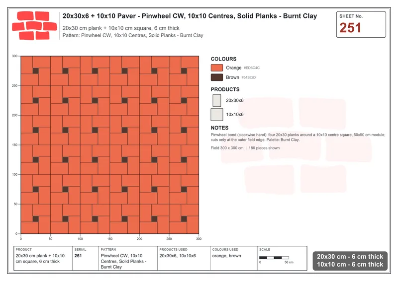 Interlock (Pasco) 20x30 cm · RC23-251 · Pinwheel CW, 10x10 Centres, Solid Planks - Burnt Clay · Laying plan Interlock (Pasco) 20x30 cm · RC23-251 · Pinwheel CW, 10x10 Centres, Solid Planks - Burnt Clay · Laying plan