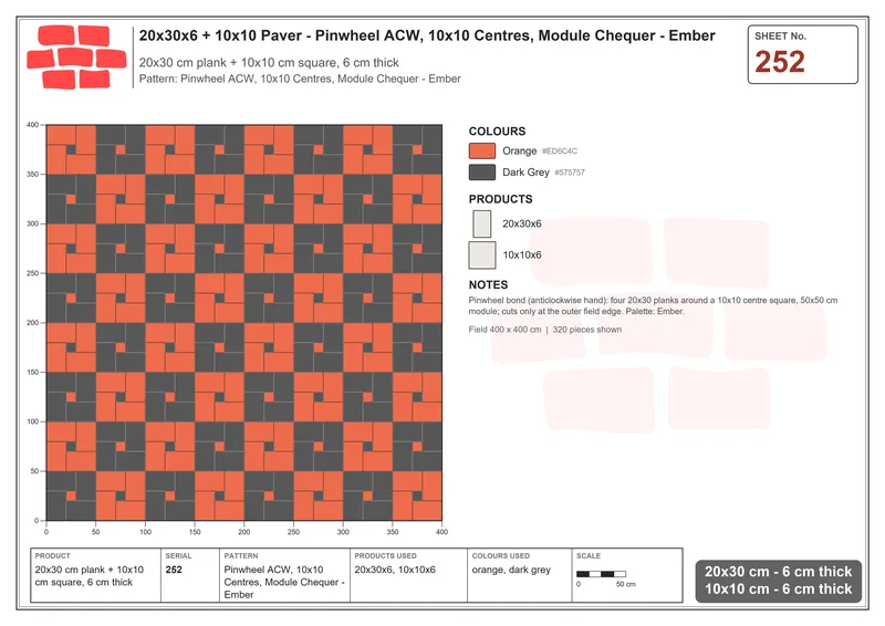 Interlock (Pasco) 20x30 cm · RC23-252 · Pinwheel ACW, 10x10 Centres, Module Chequer - Ember · Laying plan Interlock (Pasco) 20x30 cm · RC23-252 · Pinwheel ACW, 10x10 Centres, Module Chequer - Ember · Laying plan
