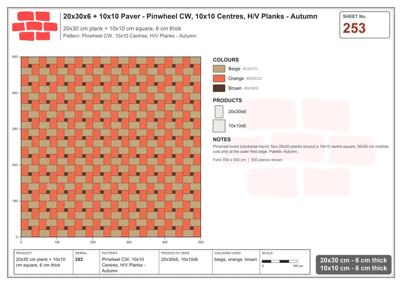 Interlock (Pasco) 20x30 cm · RC23-253 · Pinwheel CW, 10x10 Centres, H/V Planks - Autumn · Laying plan Interlock (Pasco) 20x30 cm · RC23-253 · Pinwheel CW, 10x10 Centres, H/V Planks - Autumn · Laying plan