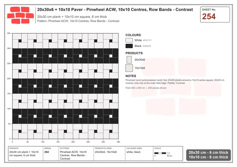 Interlock (Pasco) 20x30 cm · RC23-254 · Pinwheel ACW, 10x10 Centres, Row Bands - Contrast · Laying plan Interlock (Pasco) 20x30 cm · RC23-254 · Pinwheel ACW, 10x10 Centres, Row Bands - Contrast · Laying plan