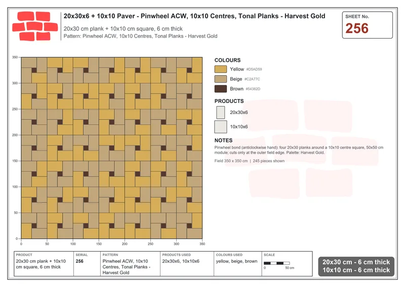 Interlock (Pasco) 20x30 cm · RC23-256 · Pinwheel ACW, 10x10 Centres, Tonal Planks - Harvest Gold · Laying plan Interlock (Pasco) 20x30 cm · RC23-256 · Pinwheel ACW, 10x10 Centres, Tonal Planks - Harvest Gold · Laying plan