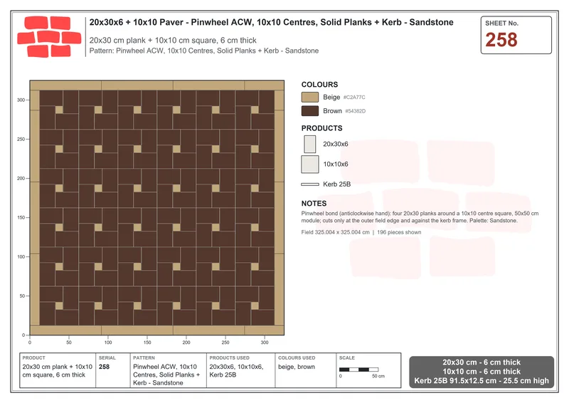 Interlock (Pasco) 20x30 cm · RC23-258 · Pinwheel ACW, 10x10 Centres, Solid Planks + Kerb - Sandstone · Laying plan Interlock (Pasco) 20x30 cm · RC23-258 · Pinwheel ACW, 10x10 Centres, Solid Planks + Kerb - Sandstone · Laying plan