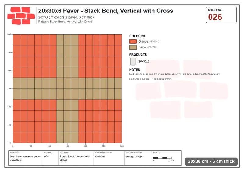 Interlock (Pasco) 20x30 cm · RC23-26 · Stack Bond, Vertical with Cross · Laying plan Interlock (Pasco) 20x30 cm · RC23-26 · Stack Bond, Vertical with Cross · Laying plan