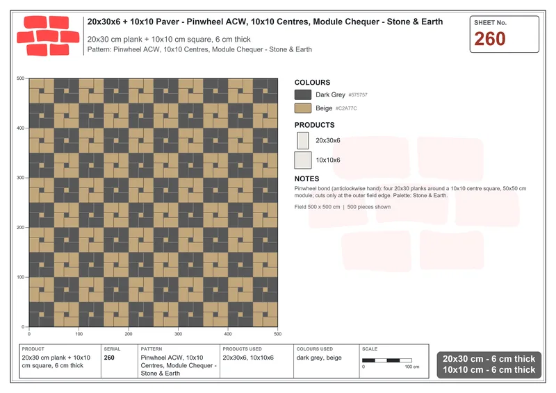 Interlock (Pasco) 20x30 cm · RC23-260 · Pinwheel ACW, 10x10 Centres, Module Chequer - Stone & Earth · Laying plan Interlock (Pasco) 20x30 cm · RC23-260 · Pinwheel ACW, 10x10 Centres, Module Chequer - Stone & Earth · Laying plan