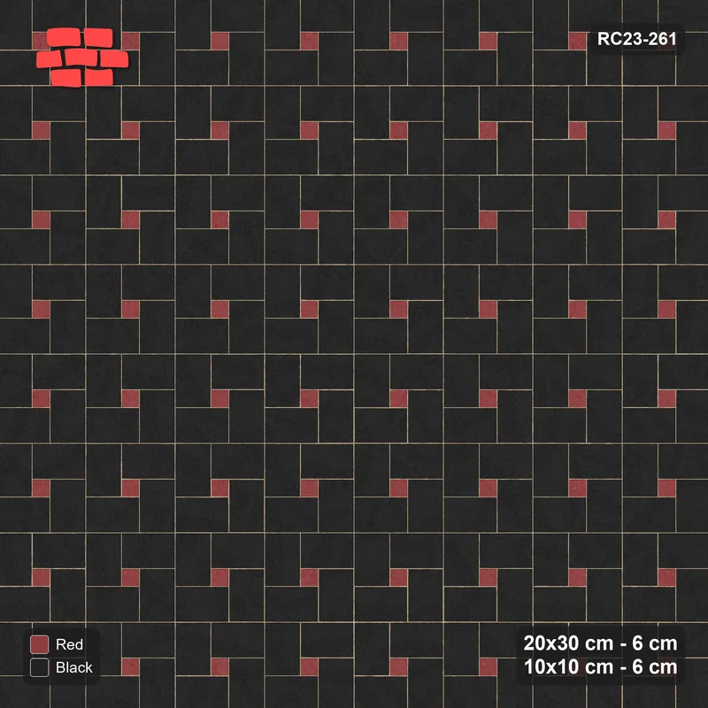 Interlock (Pasco) 20x30 cm · RC23-261 · Pinwheel CW, 10x10 Centres, Solid Planks - Red & Black · Top view