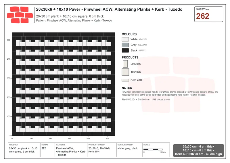 Interlock (Pasco) 20x30 cm · RC23-262 · Pinwheel ACW, Alternating Planks + Kerb - Tuxedo · Laying plan Interlock (Pasco) 20x30 cm · RC23-262 · Pinwheel ACW, Alternating Planks + Kerb - Tuxedo · Laying plan