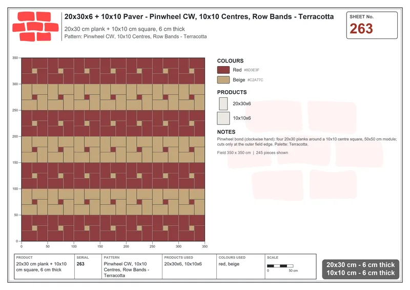 Interlock (Pasco) 20x30 cm · RC23-263 · Pinwheel CW, 10x10 Centres, Row Bands - Terracotta · Laying plan Interlock (Pasco) 20x30 cm · RC23-263 · Pinwheel CW, 10x10 Centres, Row Bands - Terracotta · Laying plan