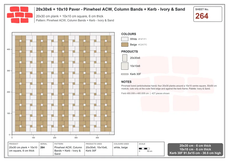 Interlock (Pasco) 20x30 cm · RC23-264 · Pinwheel ACW, Column Bands + Kerb - Ivory & Sand · Laying plan Interlock (Pasco) 20x30 cm · RC23-264 · Pinwheel ACW, Column Bands + Kerb - Ivory & Sand · Laying plan