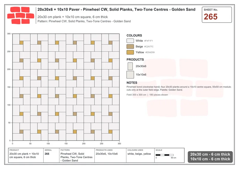 Interlock (Pasco) 20x30 cm · RC23-265 · Pinwheel CW, Solid Planks, Two-Tone Centres - Golden Sand · Laying plan Interlock (Pasco) 20x30 cm · RC23-265 · Pinwheel CW, Solid Planks, Two-Tone Centres - Golden Sand · Laying plan