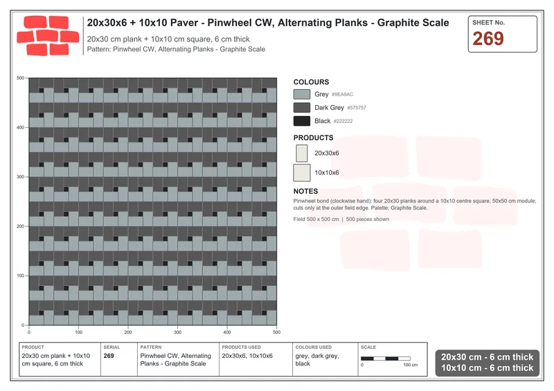 Interlock (Pasco) 20x30 cm · RC23-269 · Pinwheel CW, Alternating Planks - Graphite Scale · Laying plan Interlock (Pasco) 20x30 cm · RC23-269 · Pinwheel CW, Alternating Planks - Graphite Scale · Laying plan