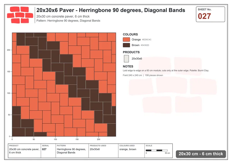 Interlock (Pasco) 20x30 cm · RC23-27 · Herringbone 90 degrees, Diagonal Bands · Laying plan Interlock (Pasco) 20x30 cm · RC23-27 · Herringbone 90 degrees, Diagonal Bands · Laying plan