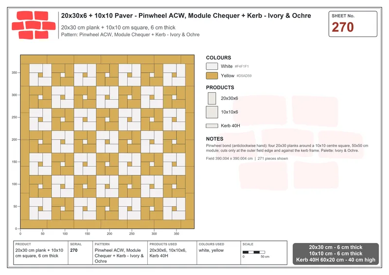 Interlock (Pasco) 20x30 cm · RC23-270 · Pinwheel ACW, Module Chequer + Kerb - Ivory & Ochre · Laying plan Interlock (Pasco) 20x30 cm · RC23-270 · Pinwheel ACW, Module Chequer + Kerb - Ivory & Ochre · Laying plan