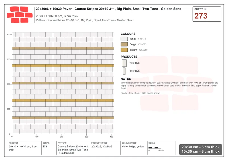 Interlock (Pasco) 20x30 cm · RC23-273 · Course Stripes 20+10 3+1, Big Plain, Small Two-Tone - Golden Sand · Laying plan Interlock (Pasco) 20x30 cm · RC23-273 · Course Stripes 20+10 3+1, Big Plain, Small Two-Tone - Golden Sand · Laying plan