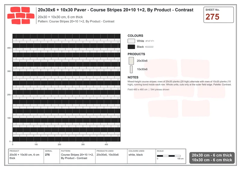 Interlock (Pasco) 20x30 cm · RC23-275 · Course Stripes 20+10 1+2, By Product - Contrast · Laying plan Interlock (Pasco) 20x30 cm · RC23-275 · Course Stripes 20+10 1+2, By Product - Contrast · Laying plan