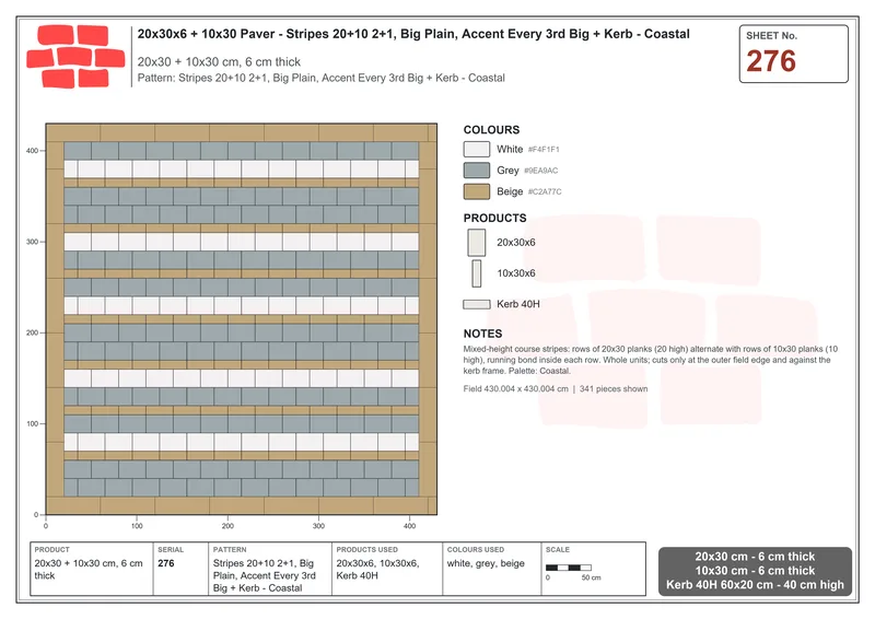 Interlock (Pasco) 20x30 cm · RC23-276 · Stripes 20+10 2+1, Big Plain, Accent Every 3rd Big + Kerb - Coastal · Laying plan Interlock (Pasco) 20x30 cm · RC23-276 · Stripes 20+10 2+1, Big Plain, Accent Every 3rd Big + Kerb - Coastal · Laying plan