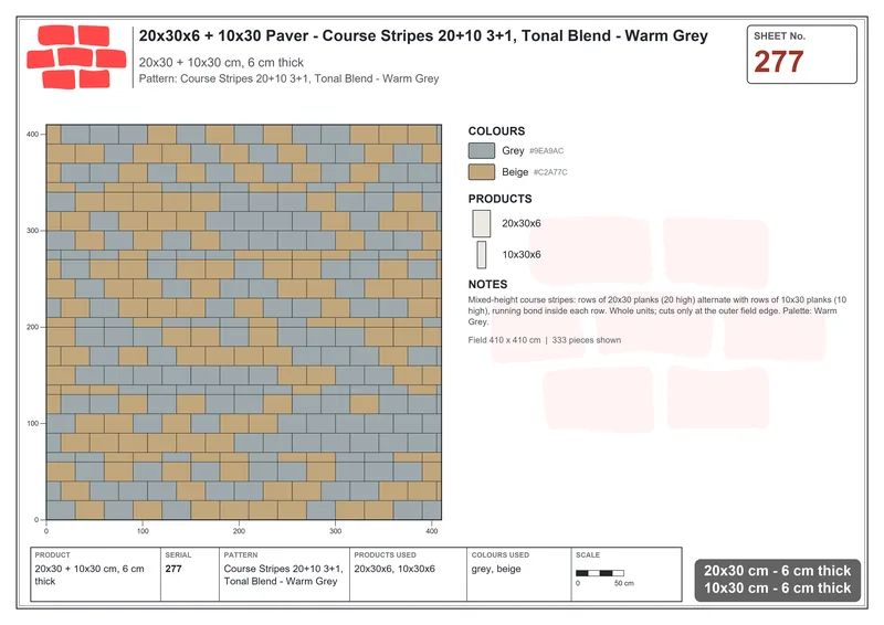 Interlock (Pasco) 20x30 cm · RC23-277 · Course Stripes 20+10 3+1, Tonal Blend - Warm Grey · Laying plan Interlock (Pasco) 20x30 cm · RC23-277 · Course Stripes 20+10 3+1, Tonal Blend - Warm Grey · Laying plan