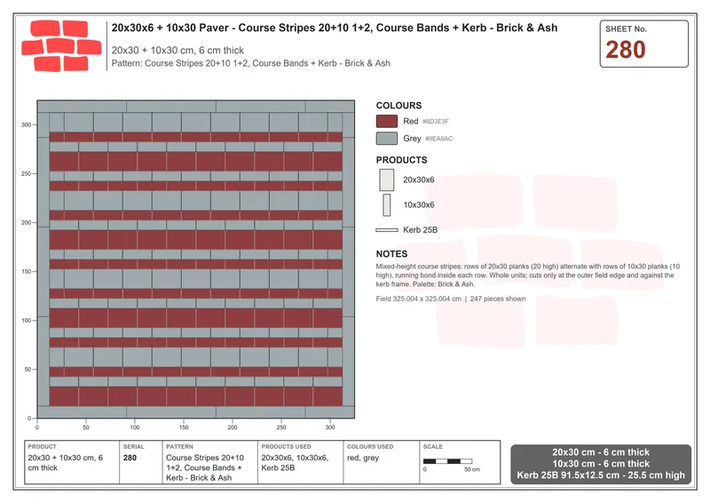 Interlock (Pasco) 20x30 cm · RC23-280 · Course Stripes 20+10 1+2, Course Bands + Kerb - Brick & Ash · Laying plan Interlock (Pasco) 20x30 cm · RC23-280 · Course Stripes 20+10 1+2, Course Bands + Kerb - Brick & Ash · Laying plan