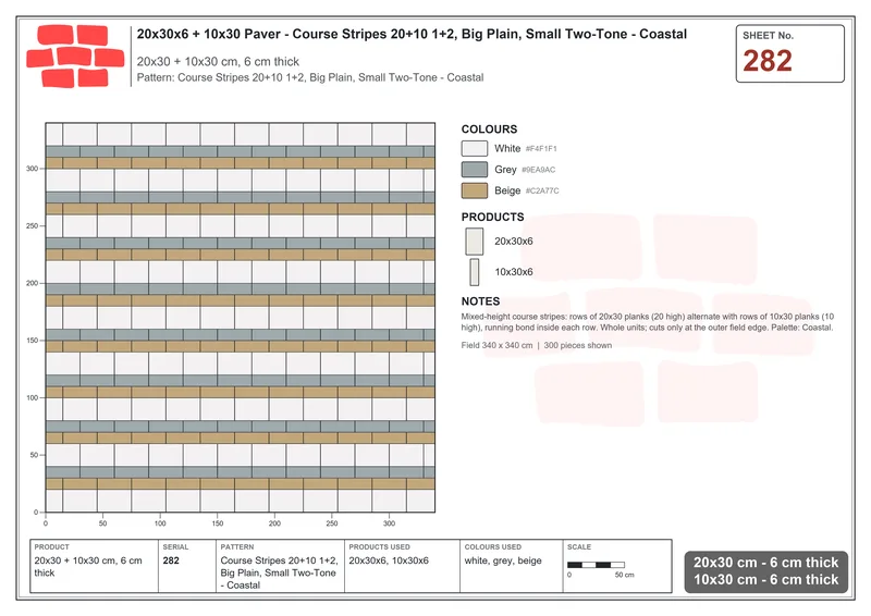 Interlock (Pasco) 20x30 cm · RC23-282 · Course Stripes 20+10 1+2, Big Plain, Small Two-Tone - Coastal · Laying plan Interlock (Pasco) 20x30 cm · RC23-282 · Course Stripes 20+10 1+2, Big Plain, Small Two-Tone - Coastal · Laying plan