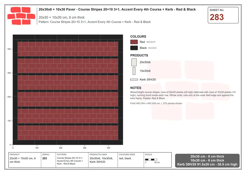 Interlock (Pasco) 20x30 cm · RC23-283 · Course Stripes 20+10 3+1, Accent Every 4th Course + Kerb - Red & Black · Laying plan Interlock (Pasco) 20x30 cm · RC23-283 · Course Stripes 20+10 3+1, Accent Every 4th Course + Kerb - Red & Black · Laying plan