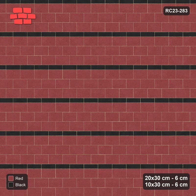 Interlock (Pasco) 20x30 cm · RC23-283 · Course Stripes 20+10 3+1, Accent Every 4th Course + Kerb - Red & Black · Top view