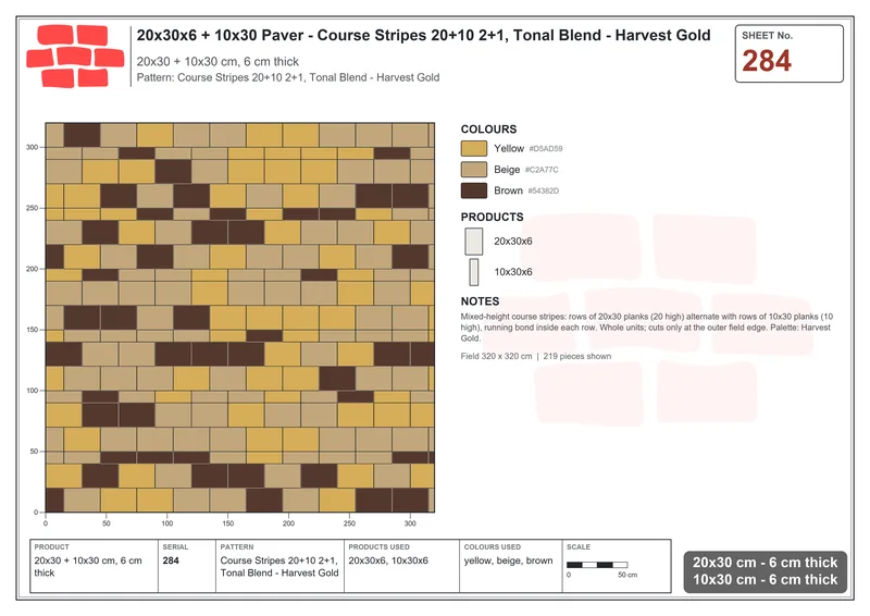 Interlock (Pasco) 20x30 cm · RC23-284 · Course Stripes 20+10 2+1, Tonal Blend - Harvest Gold · Laying plan Interlock (Pasco) 20x30 cm · RC23-284 · Course Stripes 20+10 2+1, Tonal Blend - Harvest Gold · Laying plan
