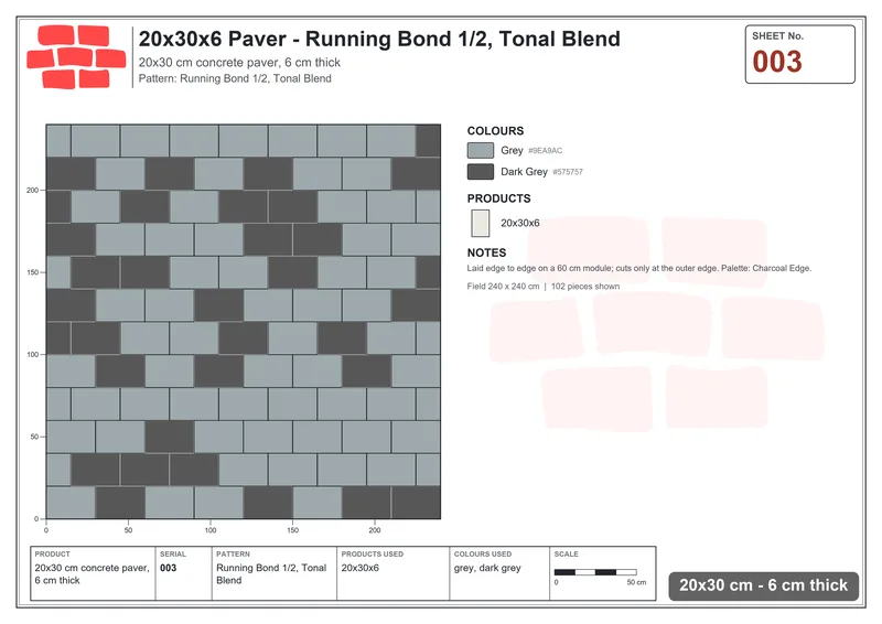 Interlock (Pasco) 20x30 cm · RC23-3 · Running Bond 1/2, Tonal Blend · Laying plan Interlock (Pasco) 20x30 cm · RC23-3 · Running Bond 1/2, Tonal Blend · Laying plan
